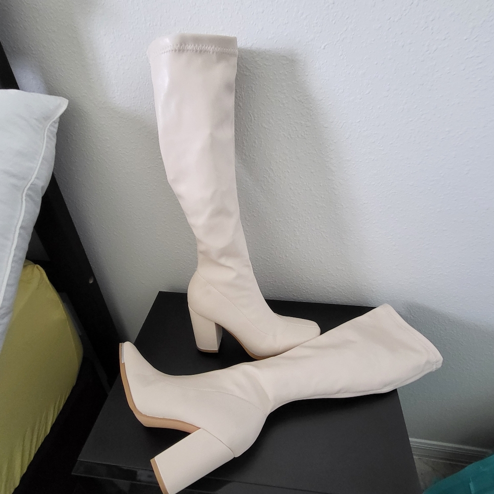 Vegan leather over-knee heel boots,size US 6,5 color cream beige,Shein,